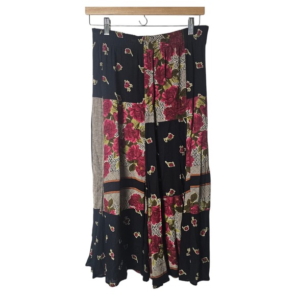 Carole Little Dresses & Skirts - VTG Carole Little 8 Maxi Skirt Pink Black Rose Patchwork Prink Crinkle Pull On